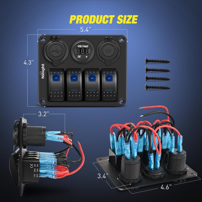 Nilight 4 Gang Rocker Switch Panel Waterproof Pre-Wired Aluminum with PD Type C and USB Cigarette Lighter Socket Voltmeter 12V 24V ON Off for Car Trucks Boats RVs - Image 2