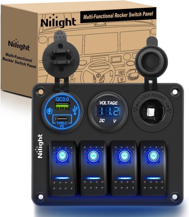 Nilight 4 Gang Rocker Switch Panel Waterproof Pre-Wired Aluminum with PD Type C and USB Cigarette Lighter Socket Voltmeter 12V 24V ON Off for Car Trucks Boats RVs - Image 1