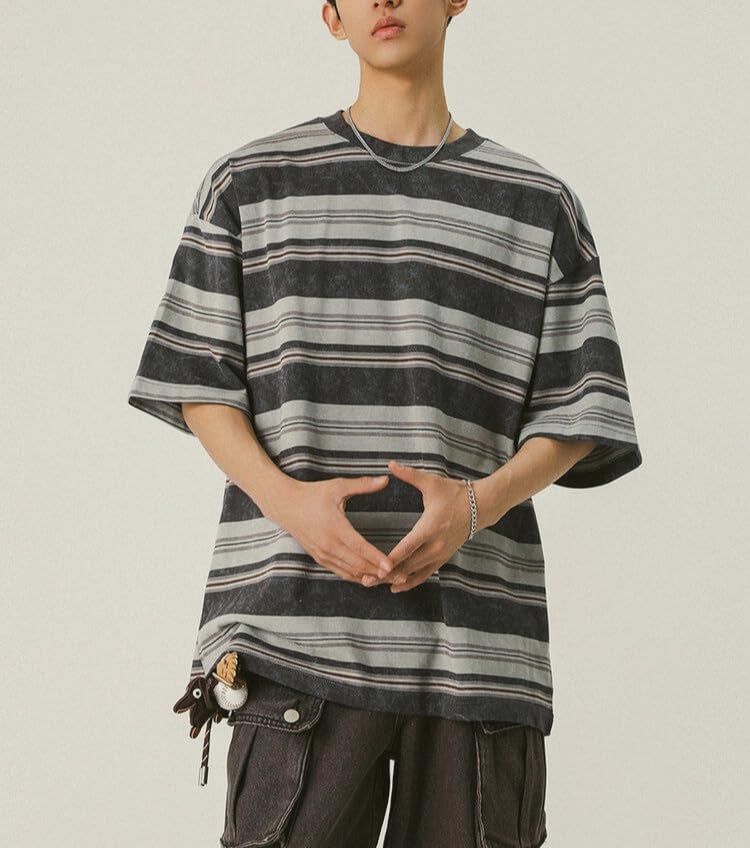 POHADON Men's Y2K Striped Baggy T-Shirt Alt Emo Summer Crewneck Short Sleeve Streetwear Top Harajuku Grunge Aesthetic Tees (Gray,Medium) - Image 4