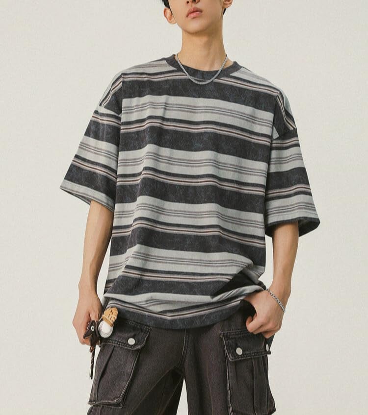 POHADON Men's Y2K Striped Baggy T-Shirt Alt Emo Summer Crewneck Short Sleeve Streetwear Top Harajuku Grunge Aesthetic Tees (Gray,Medium) - Image 2