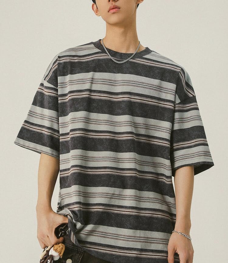 POHADON Men's Y2K Striped Baggy T-Shirt Alt Emo Summer Crewneck Short Sleeve Streetwear Top Harajuku Grunge Aesthetic Tees (Gray,Medium) - Image 3