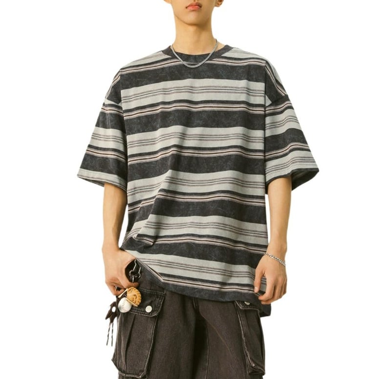 POHADON Men's Y2K Striped Baggy T-Shirt Alt Emo Summer Crewneck Short Sleeve Streetwear Top Harajuku Grunge Aesthetic Tees (Gray,Medium) - Image 1