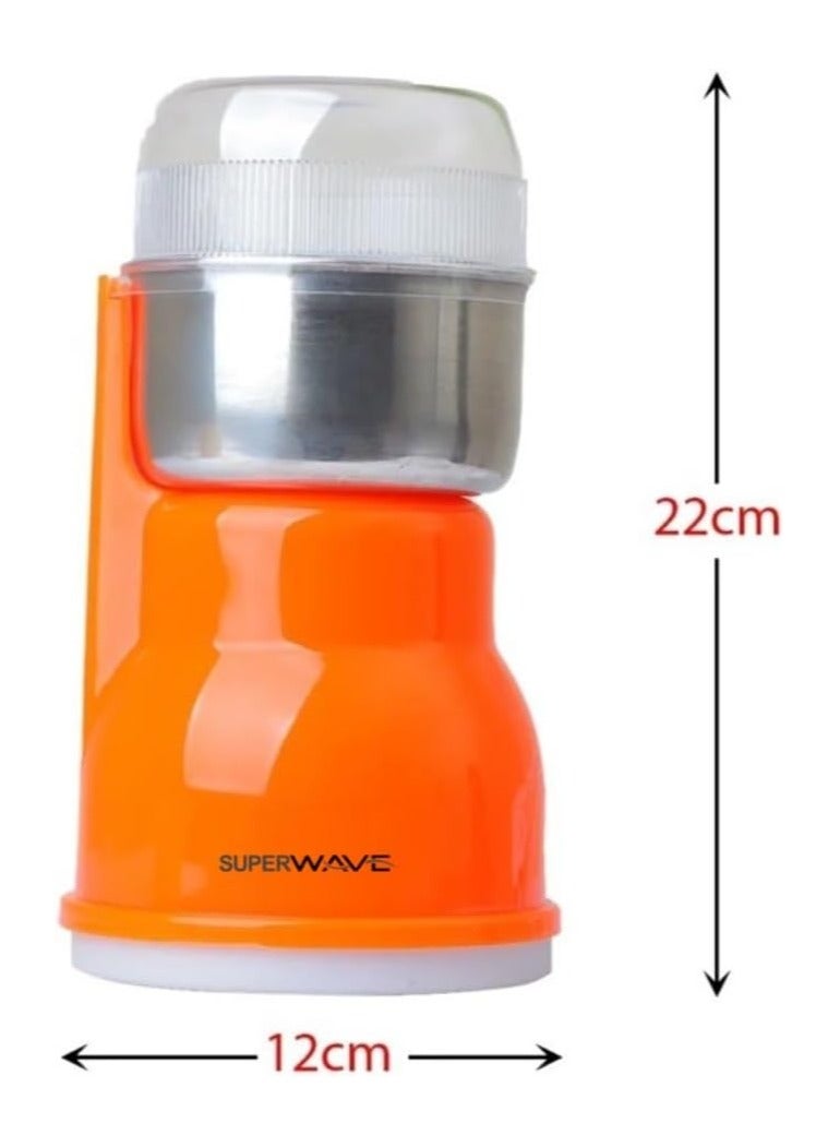 سوبر ويف مطحنة قهوة كهربائية 150جرام 300 واط بمحرك قوي مع وعاء مصنوع من الاستانلس استيل قابل للإزالة | مطحنة لطحن التوابل والأعشاب والمكسرات والحبوب | محنة بن لون برتقالي - Image 5