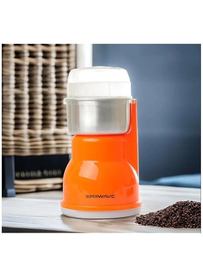 سوبر ويف مطحنة قهوة كهربائية 150جرام 300 واط بمحرك قوي مع وعاء مصنوع من الاستانلس استيل قابل للإزالة | مطحنة لطحن التوابل والأعشاب والمكسرات والحبوب | محنة بن لون برتقالي - Image 2