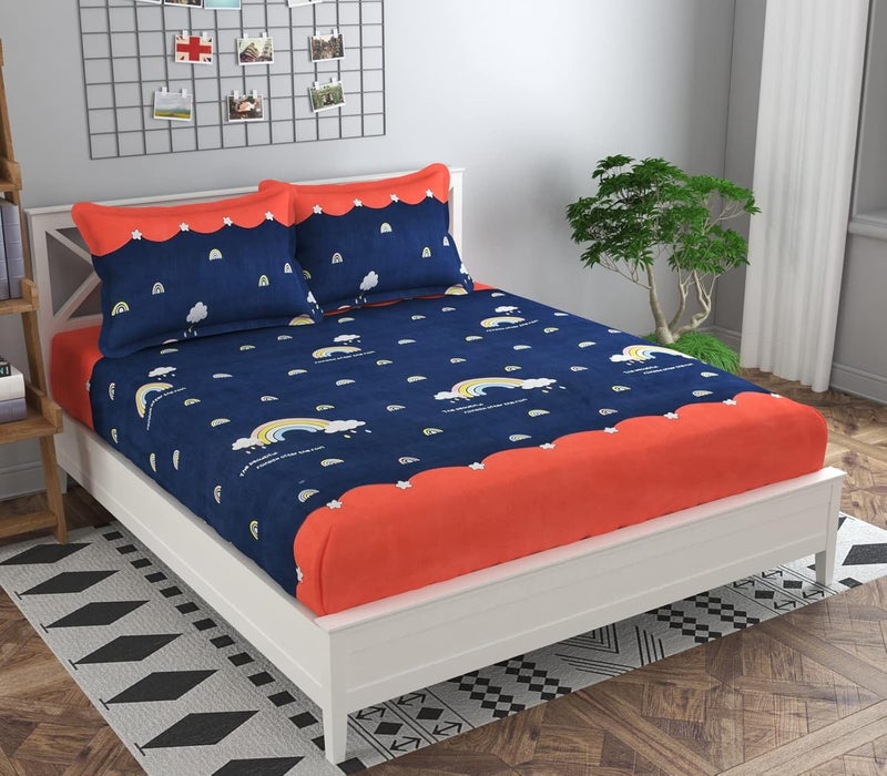 Akshya Akshya Glace Cotton Elastic Fitted Printed King Size Double Bed Bedsheets with 2 Pillow Covers Fitted Bedsheet Fits Up to 6 Mattress 72x78 210TC Blue  - Image 1
