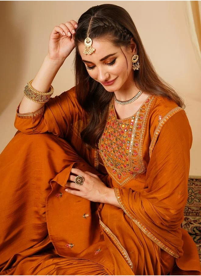 جلو باص Globus Women Mustard Round Neck Sequinned Embroidered Yoke Straight Kurta With Gharara and Lace Dupatta Festive Set by Styli