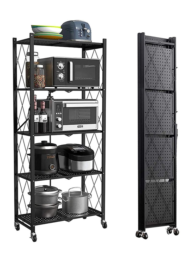 DubaiGallery 5-Tier Kitchen Shelving Organizer Cart with Wheels, Folding Kitchen Storage Cart Trolley Cart, Metal Rolling Cart Trolley, No Installation Required, Black - Image 1
