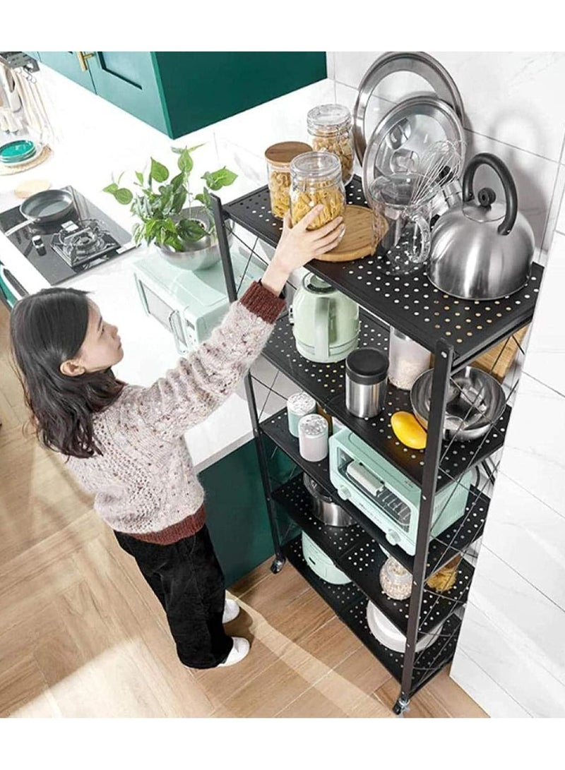 DubaiGallery 5-Tier Kitchen Shelving Organizer Cart with Wheels, Folding Kitchen Storage Cart Trolley Cart, Metal Rolling Cart Trolley, No Installation Required, Black - Image 3