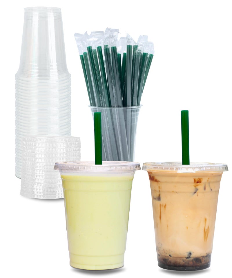 12 oz Clear Plastic Cups with Dome Lids  100 Sets Disposable Party cups for To Go Iced Coffee Cold Drinks Smoothie Bubble Boba Tea Juice Parfait Frappuccino Milkshake Nice Sealing Fruit Cup