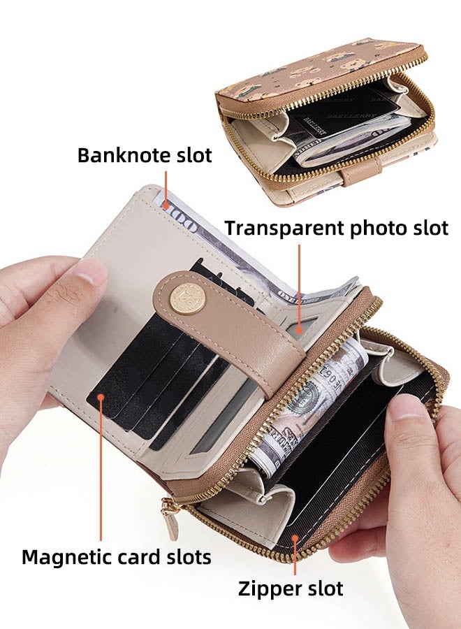 بايلليري محفظة نسائية، محفظة ثنائية الطي بسحاب وطبعة دب كرتوني مع فتحة أمامية للبطاقات، ونافذة للهوية، وفتحة للنقود، محفظة نسائية قصيرة، أنيقة وشبابية (بني) - Image 3