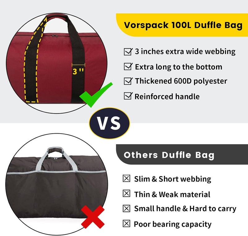 Vorspack Extra Large Duffle Bag for Travel - 100L Duffel Bag for Men Gear Bag for Storage Foldable Weekender Bag for Overnight Camping - Black - Image 2