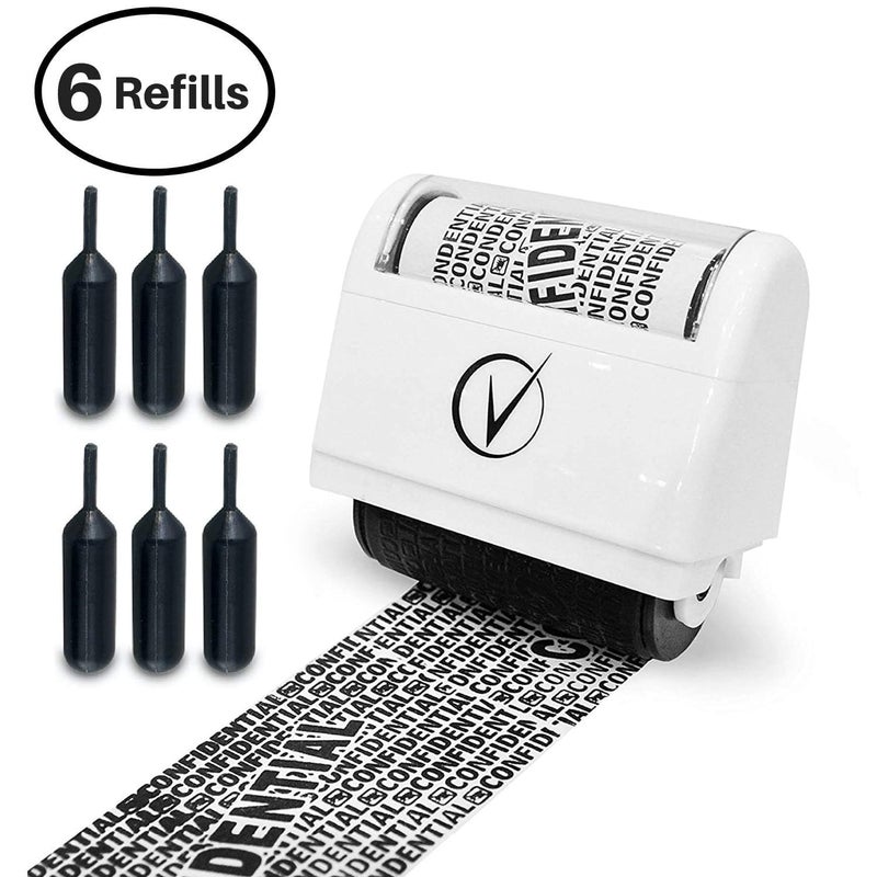 Vantamo Identity Theft Protection Roller Stamps Wide Kit - Confidential Roller Stamp, Anti Theft, Privacy & Security Stamp, Designed for ID Blackout Security - Classy White with 6 Refills - Image 1
