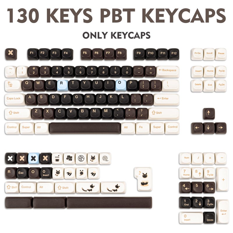 GEKUCAP MOA Profile PBT Keycaps,130 Keys Cute Cat Custom Keycaps 60 65 75 100 Percent, Coffee Theme Dye-Sub Key caps Keyboard Keycap Set for MX Switches Mechanical Keyboard - Image 2