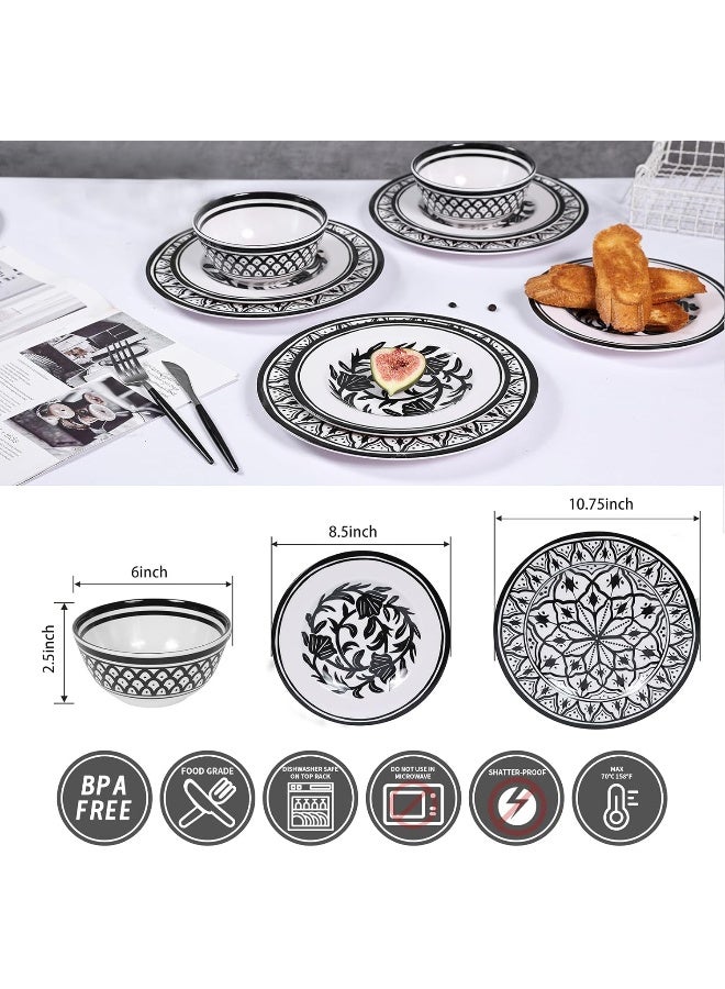 Lechoo Melamine Dinnerware Sets12pcs Melamine Plates and Bowls Set Unbreakable Dishwasher Safe Indoor Outdoor Use Black Pattern - Image 2