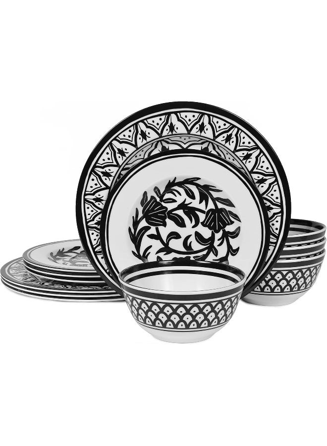 Lechoo Melamine Dinnerware Sets12pcs Melamine Plates and Bowls Set Unbreakable Dishwasher Safe Indoor Outdoor Use Black Pattern - Image 1