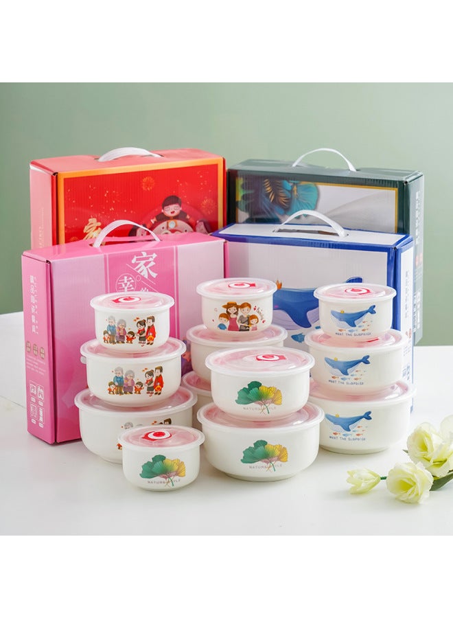 Ceramic Fresh-keeping Bowl Three-piece Vacuum Sealed Microwave Oven Gift Bowl Wedding Gift Will Sell Tableware Printing-Specifications:Happy Home-Color:2-Piece Gift Box (36 Sets Or 20 Sets Per Box) - Image 3