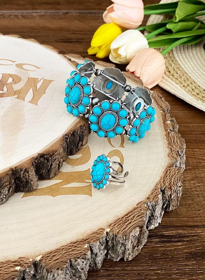 TOPACC Turquoise Bracelets with Ring Western Cowgirl Stretch Bracelet for Women Boho Jewelry Set for Western Outfit - Image 2