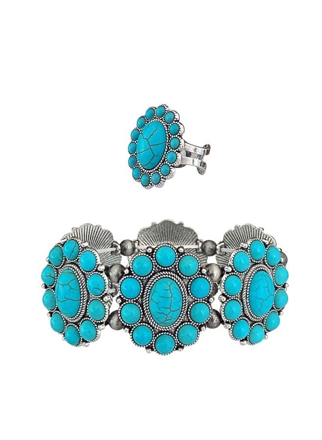 TOPACC Turquoise Bracelets with Ring Western Cowgirl Stretch Bracelet for Women Boho Jewelry Set for Western Outfit - Image 1