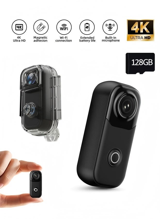 4K إبهام كاميرا العمل, كاميرات الجسم الصغيرة, مع بطاقة 128G, كاميرا الجيب القابلة للارتداء Vlogging مع الحبل المغناطيسي, صغيرة محمولة الجسم كام خوذة كام للعمل, ركوب الدراجات, السفر, الحيوانات الأليفة المشي, 10 متر للماء,أسود - Image 1