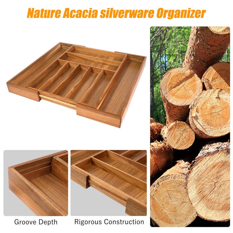 Bellsal Large Premium Acacia Wood Silverware Organizer - Expandable Utensil Drawer Organizer - 17"x19.6" Utensil Holder and Cutlery Tray with Grooved for Kitchen Flatware Utensils(7-9 Slot, Acacia) - Image 4