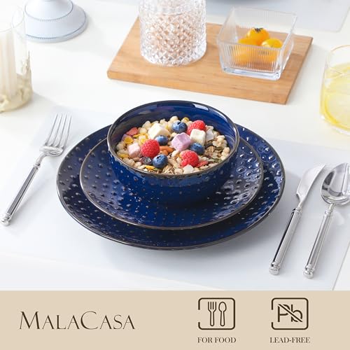 MALACASA 12 Pieces Dinnerware Sets, Modern Plates and Bowls Sets, Blue Dish Set for 4, Kitchen Ceramic Dinner Plates Dishware Set, Microwave and Dishwasher Safe, Series LYDIA - Image 3