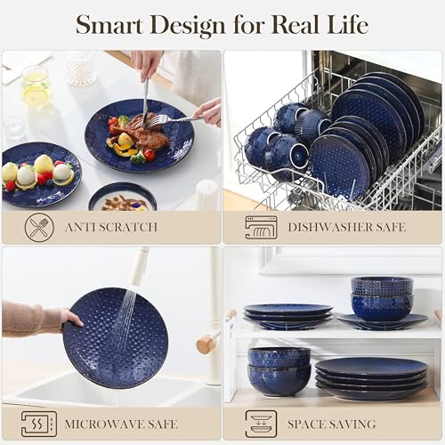 MALACASA 12 Pieces Dinnerware Sets, Modern Plates and Bowls Sets, Blue Dish Set for 4, Kitchen Ceramic Dinner Plates Dishware Set, Microwave and Dishwasher Safe, Series LYDIA - Image 4