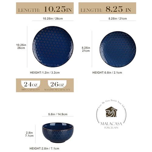 MALACASA 12 Pieces Dinnerware Sets, Modern Plates and Bowls Sets, Blue Dish Set for 4, Kitchen Ceramic Dinner Plates Dishware Set, Microwave and Dishwasher Safe, Series LYDIA - Image 2