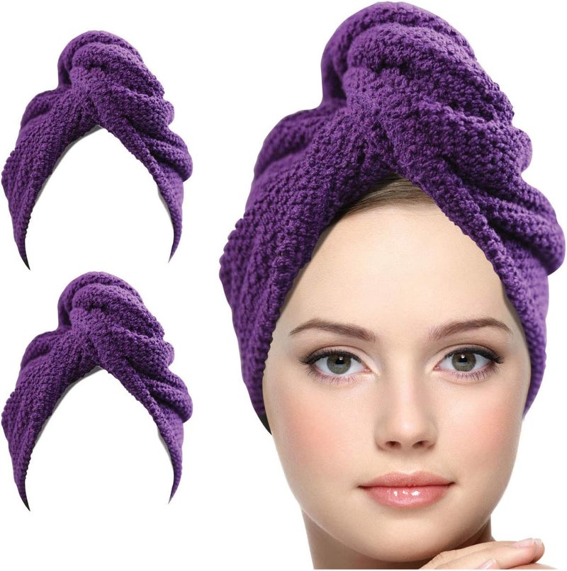 KEEPOZ Hair Towel Wrap Quick Dry 100 Cotton Super Absorbent Turban Head Wrap for Women with Button Non Microfiber Anti Frizz Hair Products Hair Cap for Curly Long Hair Purple Check 2 Pcs