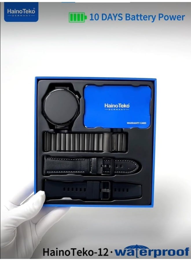 Haino Teko HainoTeko12 Waterproof Smartwatch with Built-in Wireless Earbuds, Large AMOLED Display, 3 Straps & Charging Cable – Black (Men’s) - Image 2