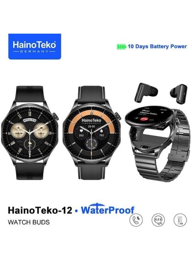 Haino Teko HainoTeko12 Waterproof Smartwatch with Built-in Wireless Earbuds, Large AMOLED Display, 3 Straps & Charging Cable – Black (Men’s) - Image 3