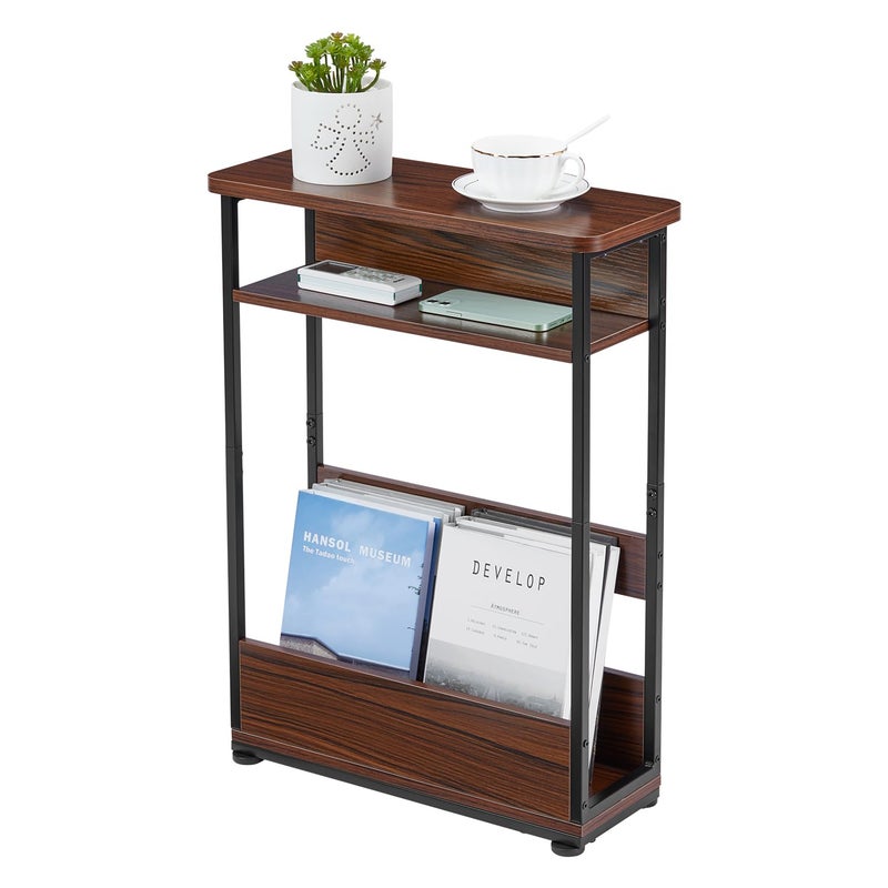 YEAKOO طاولة جانبية ضيقة عتيقة مع رف تخزين 3 طبقات طاولة نهاية نحيفة طاولة صوفا حديثة للمساحات الضيقة والصغيرة بارتفاع 246 بوصة طاولة بجانب السرير طاولة ليلية صغيرة مع رف للمجلات