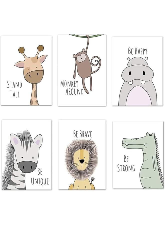 erorex Nursery Baby Room Decoration Picture Set Of 6 Pictures Animals Boy Girl Poster Forest Animals Safari Africa Animals Poster Decoration 21X30 Cm Monkey Hippos Zebras Lions Crocodile - Image 1