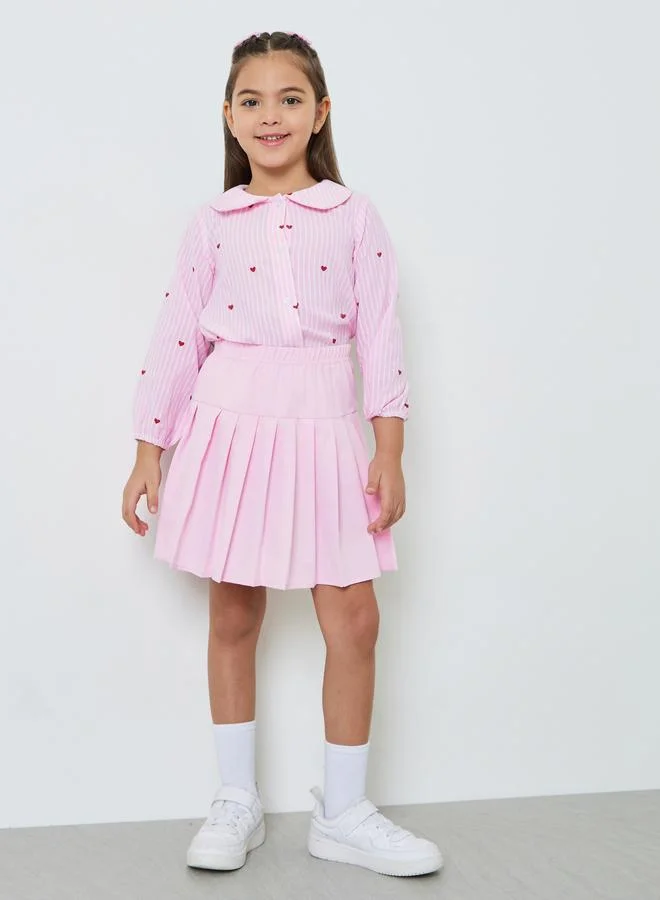 Styli Girls Pink Heart Striped Cotton Shirt
