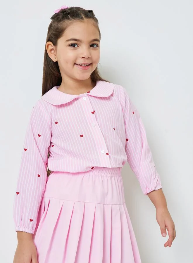 Styli Girls Pink Heart Striped Cotton Shirt