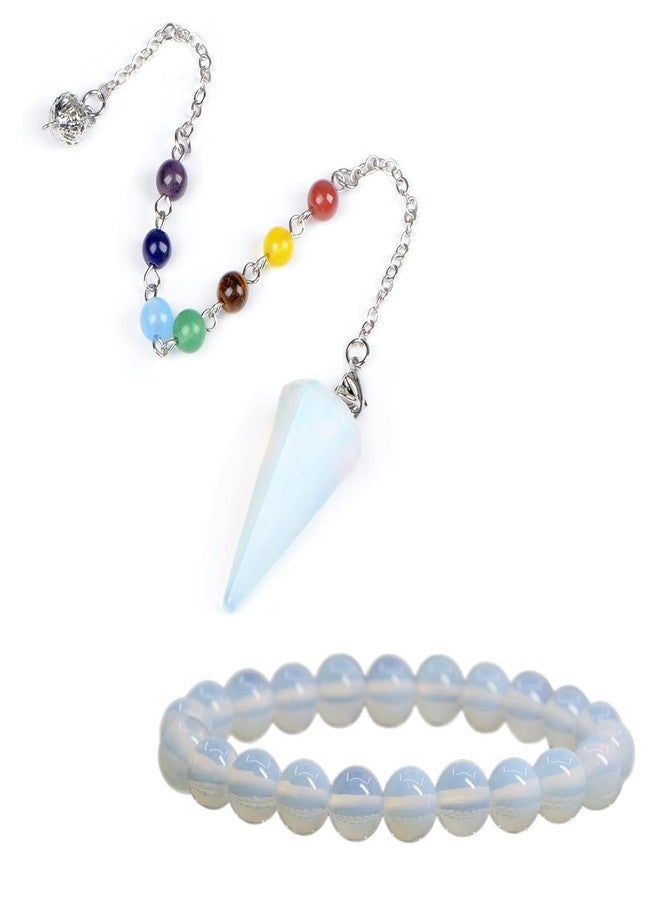 AD BEADS 7 Chakra Reiki Healing Crystal Stone Hexagonal Point Pendant and Bracelet setting Pendulum for Reiki Wicca Dowsing Balancing Spiritual Natural Gemstone (Hexagonal Point(18mmx36mm), White Opalite) - Image 1