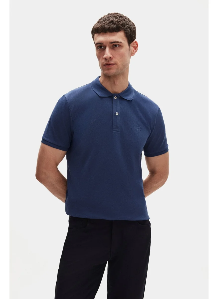 دي أس دامات Regular Fit Indigo Pique Textured 100% Cotton Non-Curl Polo Collar Embroidered T-Shirt 4HC14ORT51000