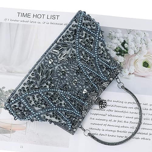 DA BODAN Women's Evening Bag Vintage Beaded Sequin Pearl Clutch Handbag Shoulder Bag Purses for Wedding Bridal Prom Party (Gray) - Image 2