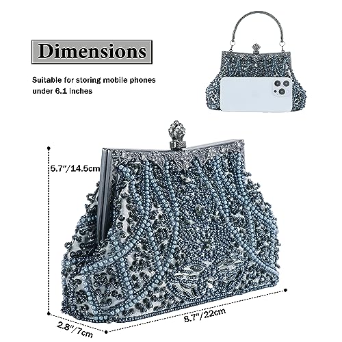 DA BODAN Women's Evening Bag Vintage Beaded Sequin Pearl Clutch Handbag Shoulder Bag Purses for Wedding Bridal Prom Party (Gray) - Image 3