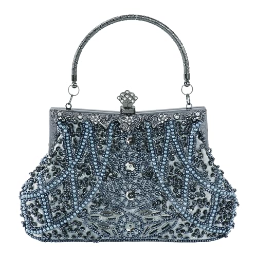 DA BODAN Women's Evening Bag Vintage Beaded Sequin Pearl Clutch Handbag Shoulder Bag Purses for Wedding Bridal Prom Party (Gray) - Image 1