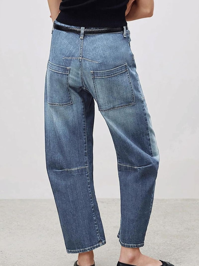 yoeasy Womens Baggy Barrel Jeans Mid Rise Wide Leg Vintage Denim Ankle Pants Boyfriend Jeans with Pockets (Small, Blue) - Image 1