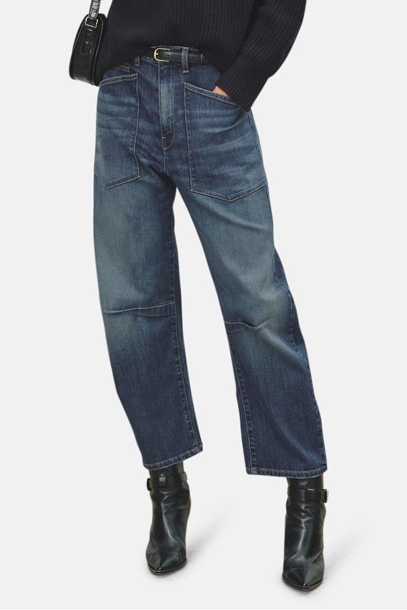 yoeasy Womens Baggy Barrel Jeans Mid Rise Wide Leg Vintage Denim Ankle Pants Boyfriend Jeans with Pockets (Small, Blue) - Image 3