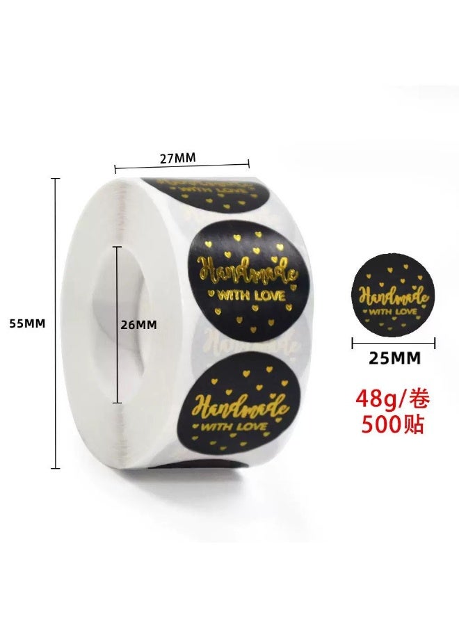 Black Handmade with Love Stickers with Gold Writing – Pack of 1 ( 500 Stickers )