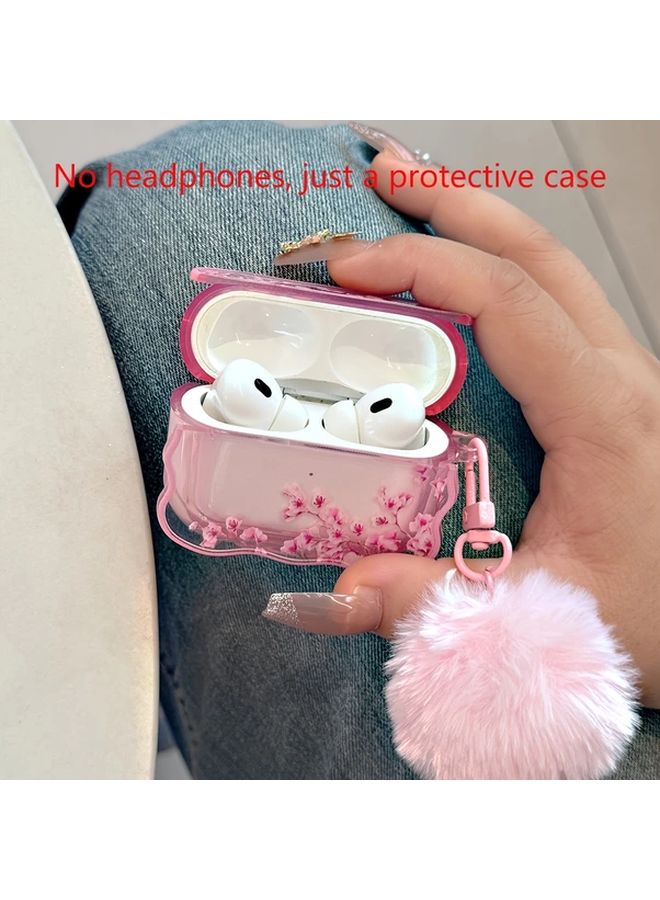 Pink Cherry Blossom Floral Lace Protective Case For AirPods Pro 2 With Small Pom Pom Pendant - Image 1
