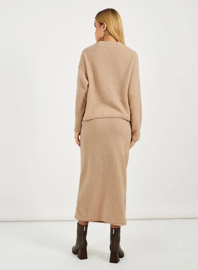 Styli Fur Texture V Neck Top with Buttons & Skirt Co-Ords Set