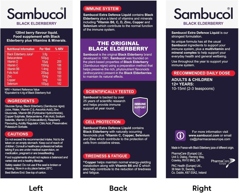 Sambucol سيمبكول سائل الدفاع الإضافي الطبيعي من التوت الأسود مع فيتامين C B6 D والزنك وحمض الفوليك والمعادن دعم متقدم للمناعة 120 مل - Image 2