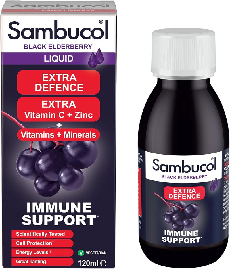 Sambucol سيمبكول سائل الدفاع الإضافي الطبيعي من التوت الأسود مع فيتامين C B6 D والزنك وحمض الفوليك والمعادن دعم متقدم للمناعة 120 مل - Image 1