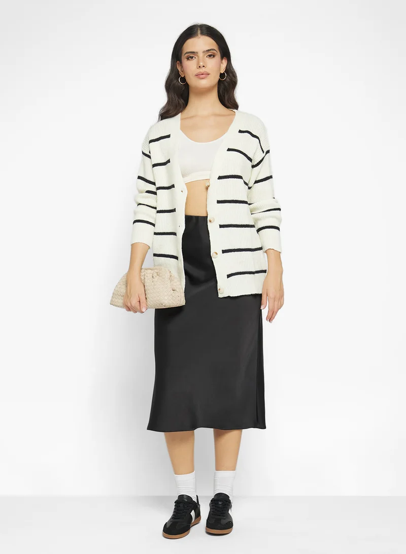 Ginger Longline Knitted Stripe Button Up Cardigan