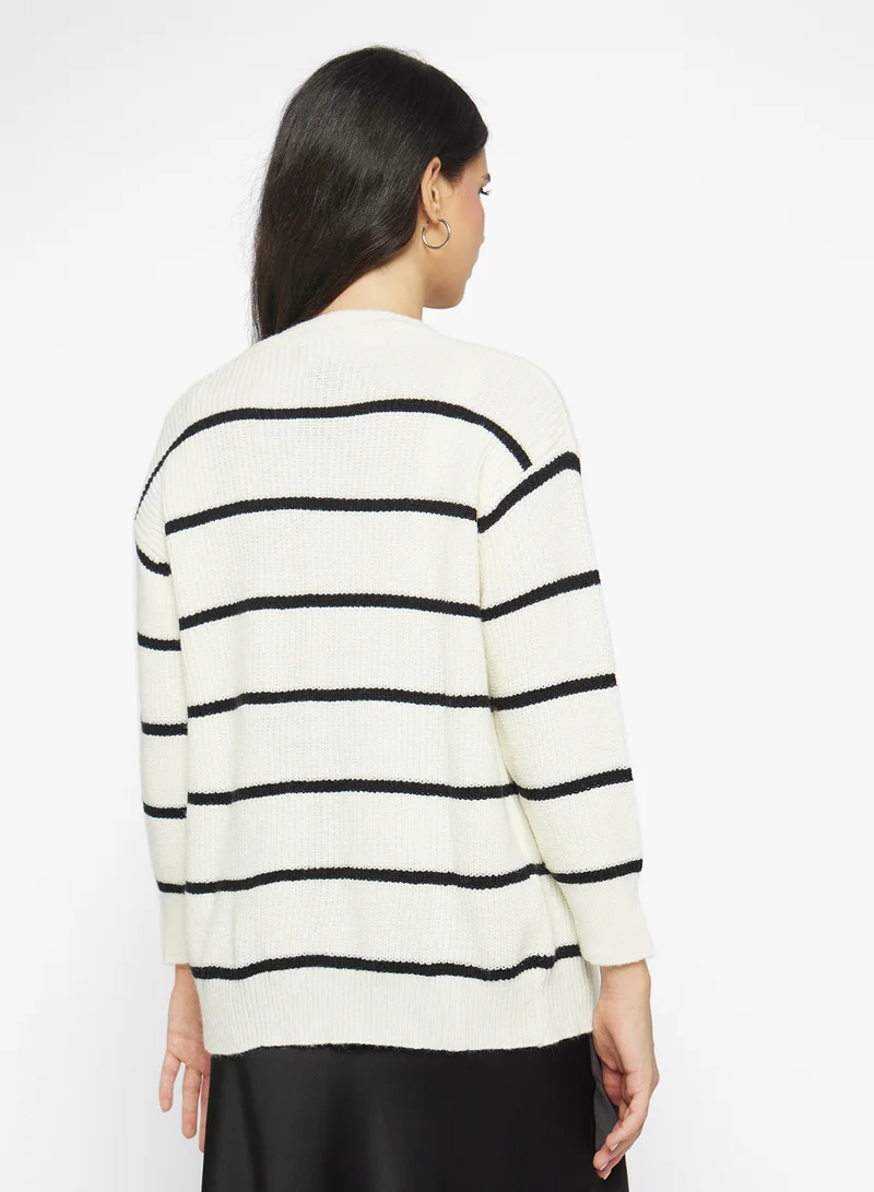 جينجر Longline Knitted Stripe Button Up Cardigan