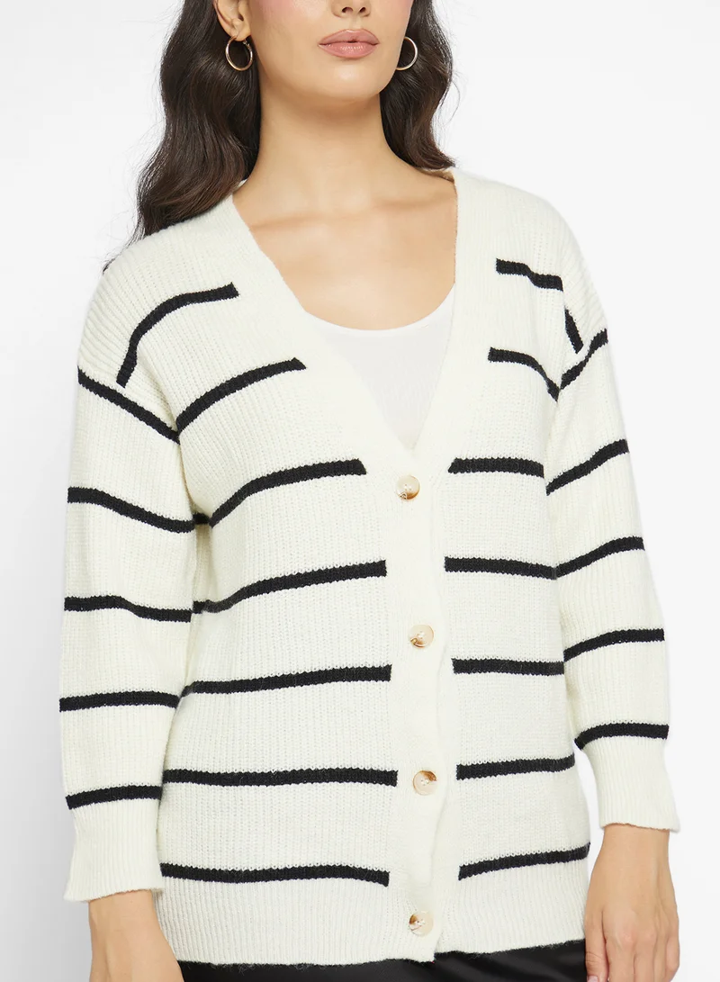 Ginger Longline Knitted Stripe Button Up Cardigan
