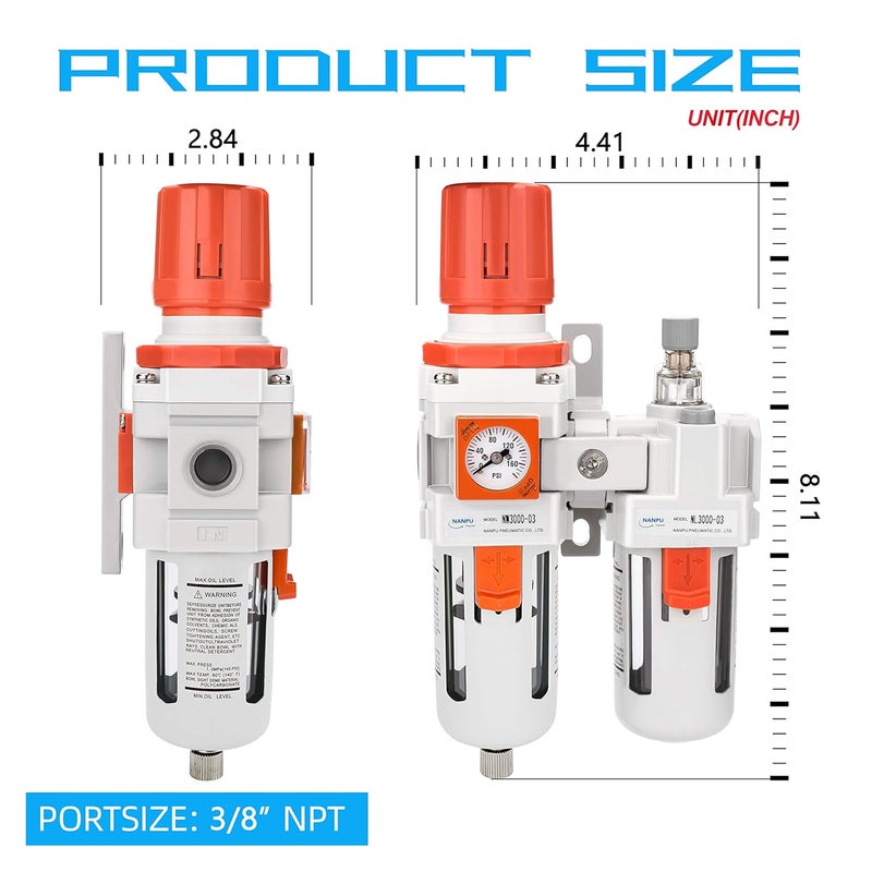 NANPU 3/8" NPT Embedded Gauge Compressed Air Filter, Regulator＆Lubricator Combo Water/Oil Trap Separator - 0-180 psi Gauge, Semi-Auto Drain,Poly Bowl, Metal Bracket - 3 in 1 Two Unit - Image 3